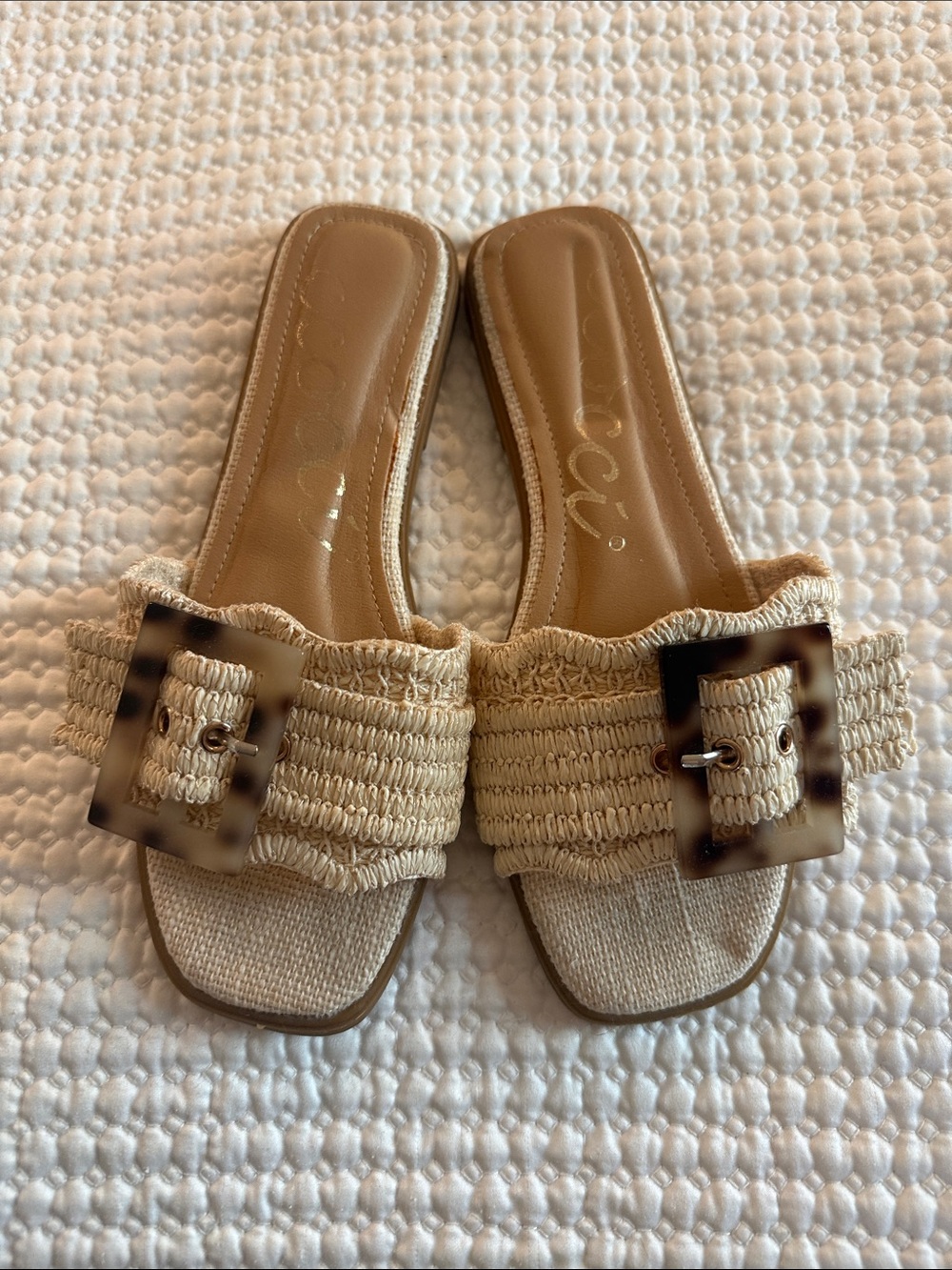 CCOCCI Natural Raffia Slide Mules with Tortoiseshell Buckle